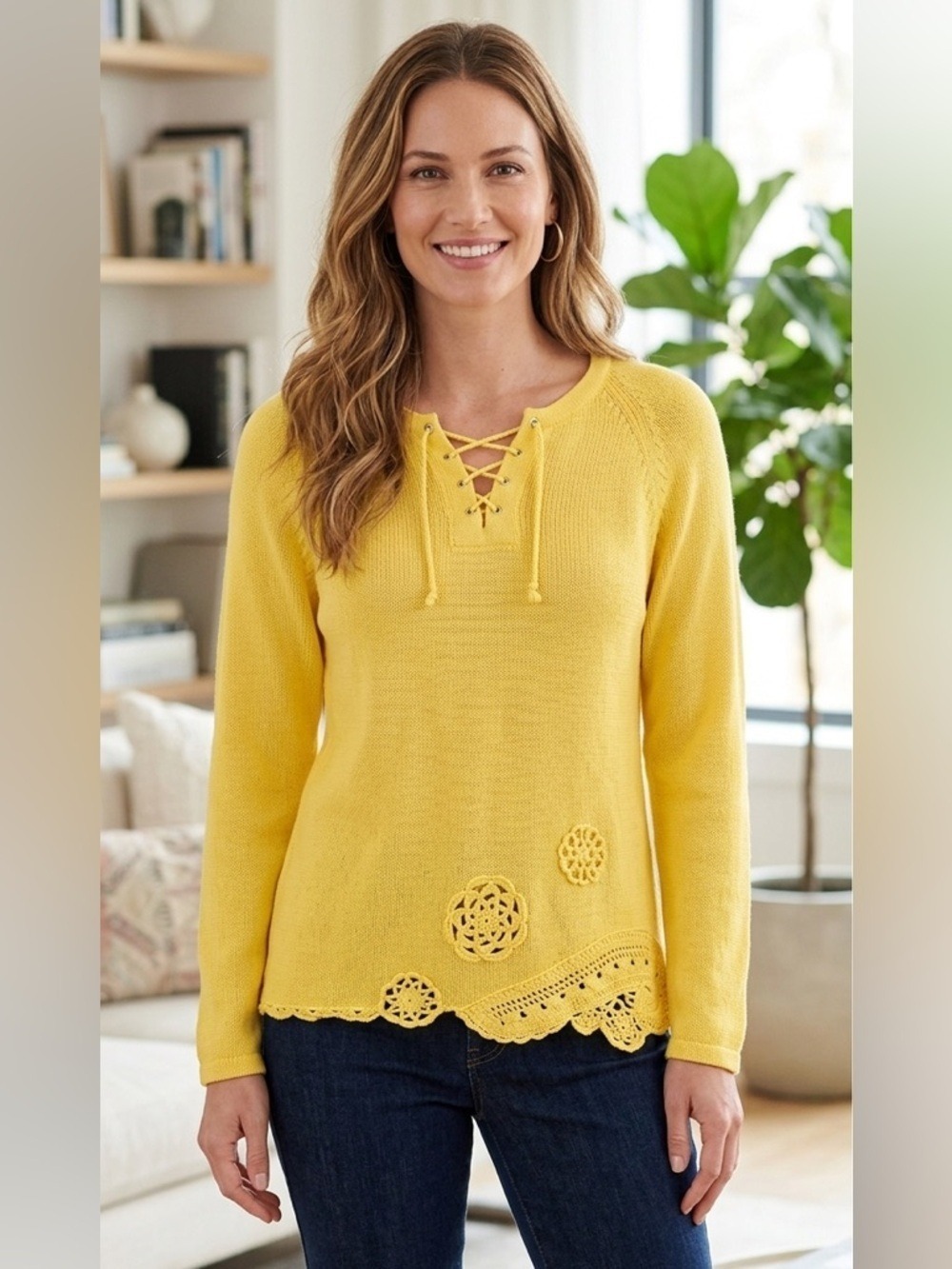 Deirdre McGuire Yellow Knit Top with Lace-Up Neck Pima cotton Large